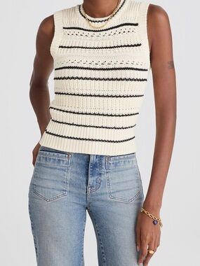 Madewell Sleeveless Crochet Knit Sweater Tank Small Ivory Black Striped Cotton